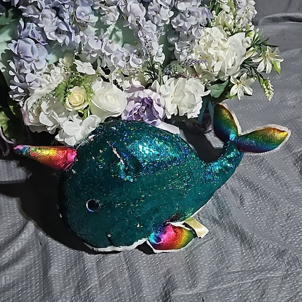 Dan Dee 🎁 Teal Sequin Stuffed Narwhale with  Rainbow Fins, Tail & Horn LARGE